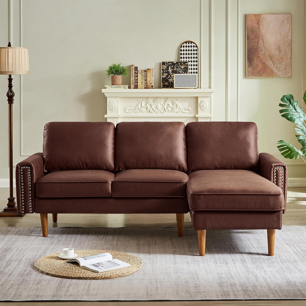Mid Century Suede Leather Sofa with Right Chaise Lounge, 3 Seater L-Shaped Couch M2783