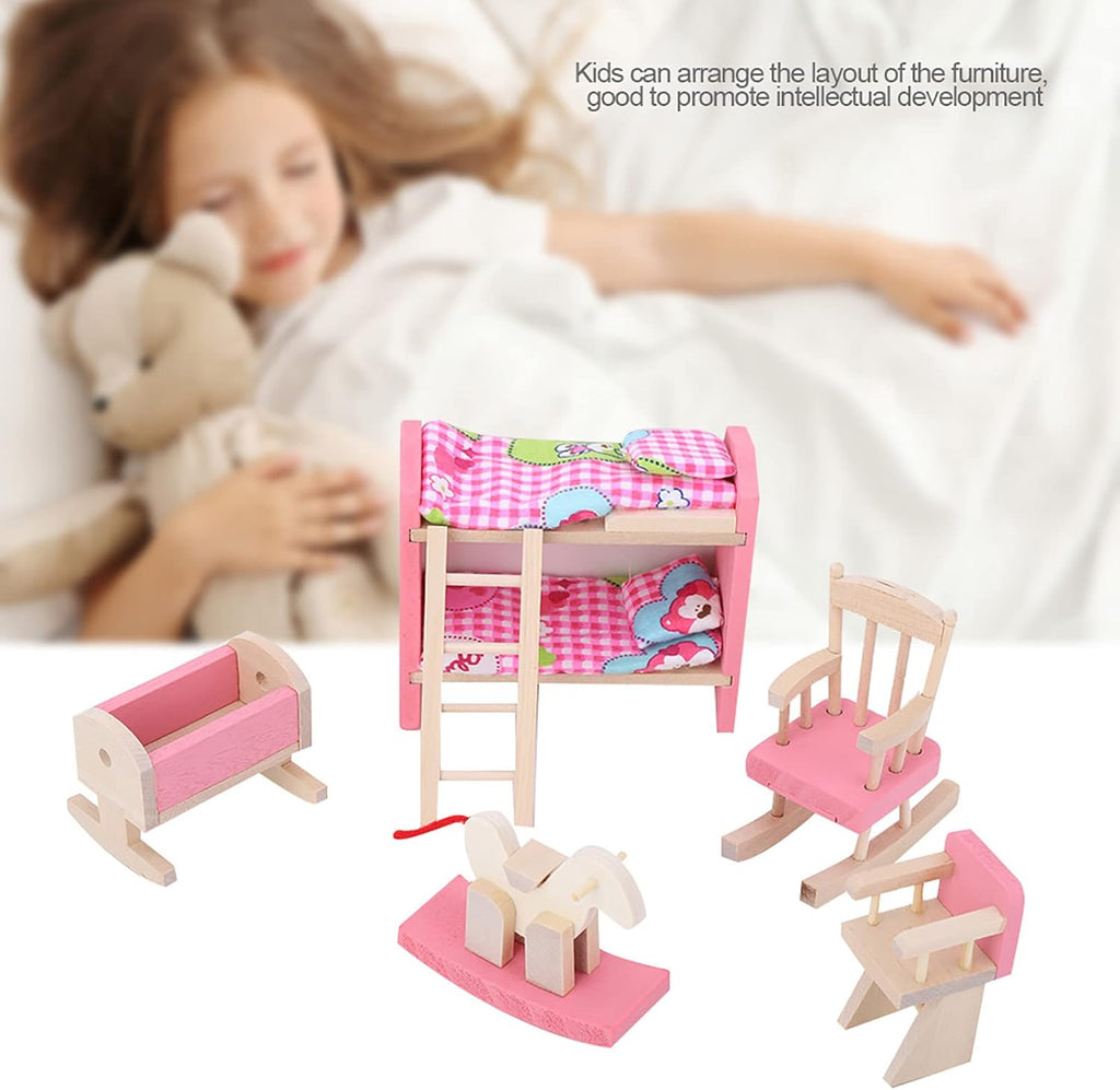 6 Different Rooms Wooden Dollhouse Furniture with Cushion and Towel F8091