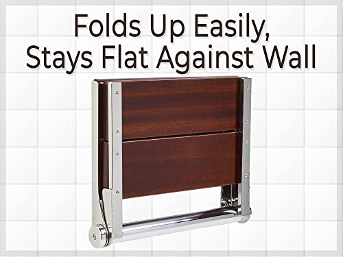 Teak Shower Seat - Type 304 Stainless Steel/Contoured 1" Natural Wood Slats/ADA Folding Wall Mount Bench/Matte Black / 18" x 16" K82668