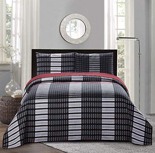 3pc Plaid Printed Reversible Bedspread Quilt Set Full Queen Size T56290