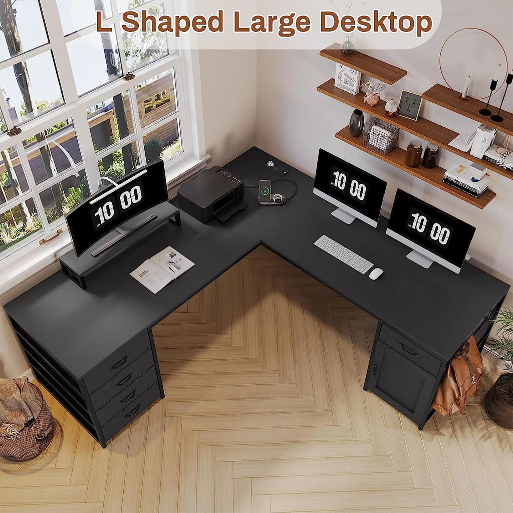 Black 63" Reversible L Shaped Desk with 5 Drawer and Power Outlet G93104