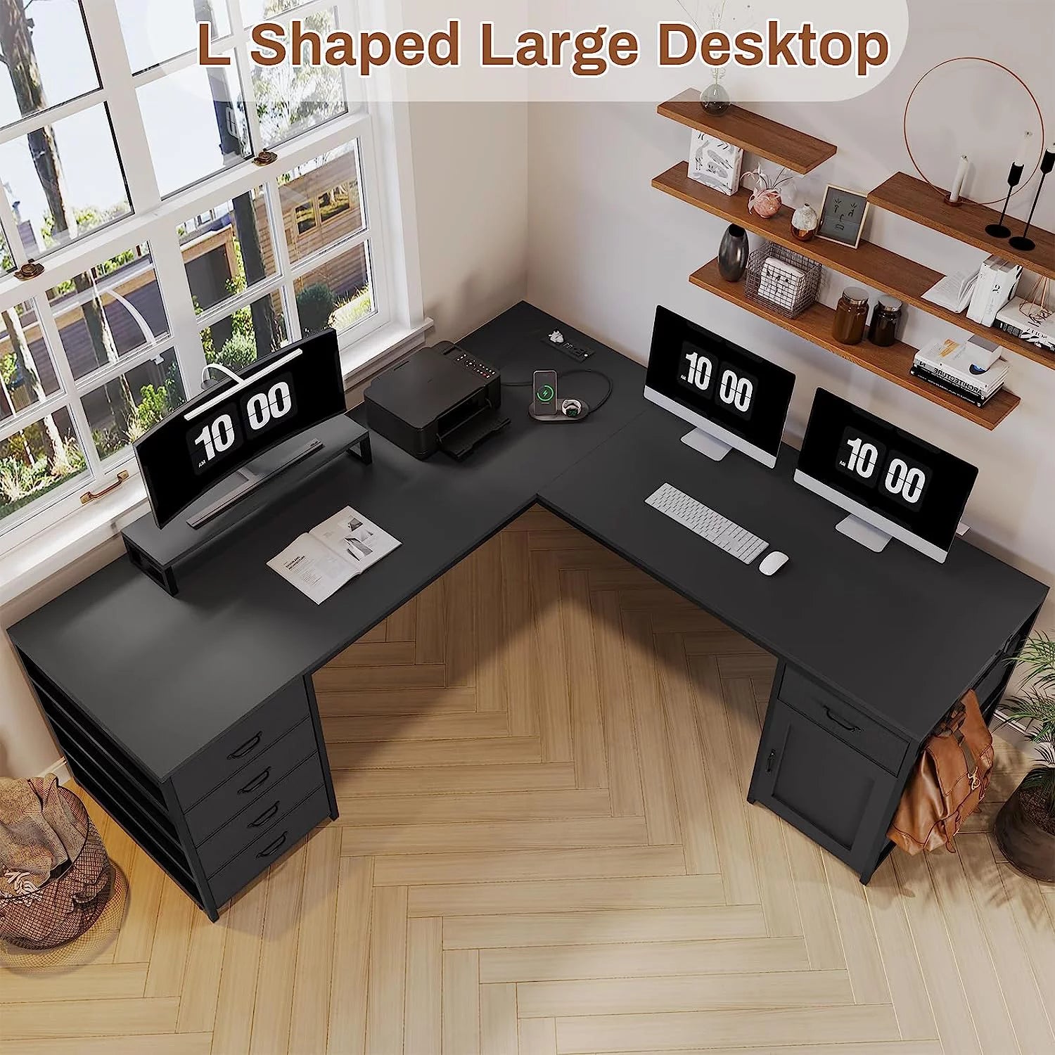 Black 63" Reversible L Shaped Desk with 5 Drawer and Power Outlet G93104