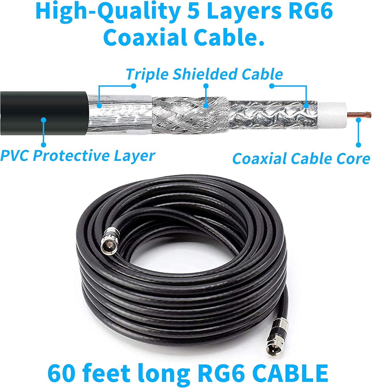 150 Miles Outdoor TV Antenna with 60FT RG6 Cable M52619