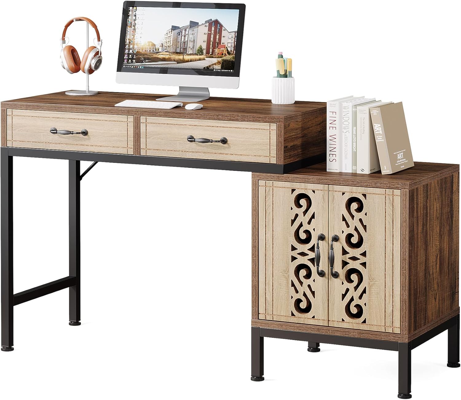 55-Inch Computer Desk with Drawers and Storage Cabinet, Brown O6477