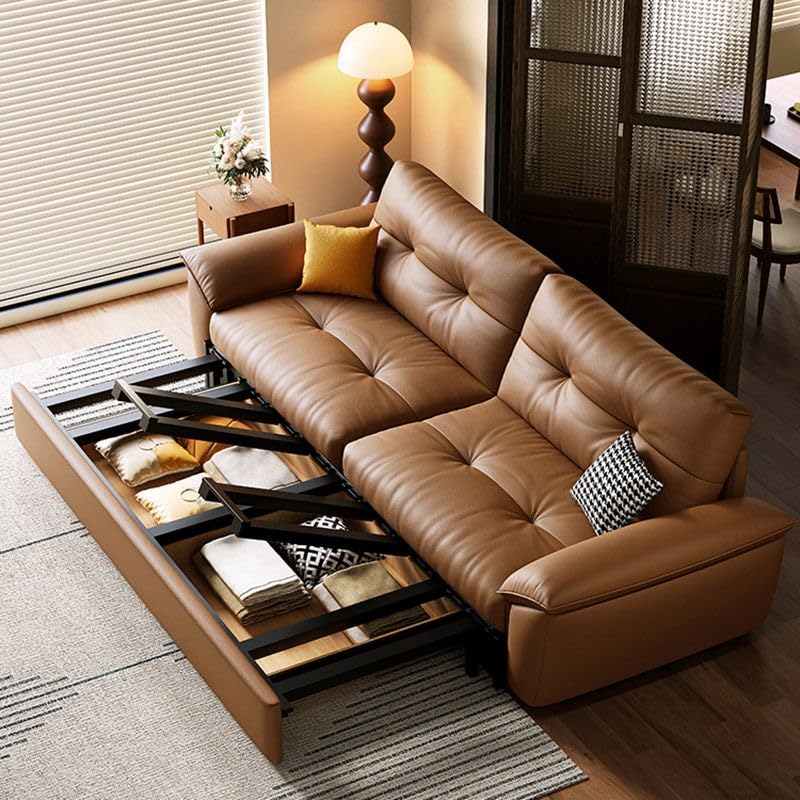Brown Genuine Leather Convertible Sleeper Sofa Bed with Storage 81" L x 33.5" D x 35" H F2140