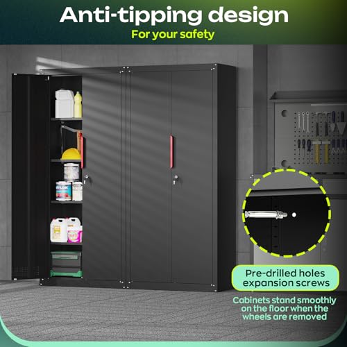 Metal Garage Storage Cabinet with 5 Adjustable Shelves, Lockable Heavy Duty Steel Cabinet with Wheels R1822