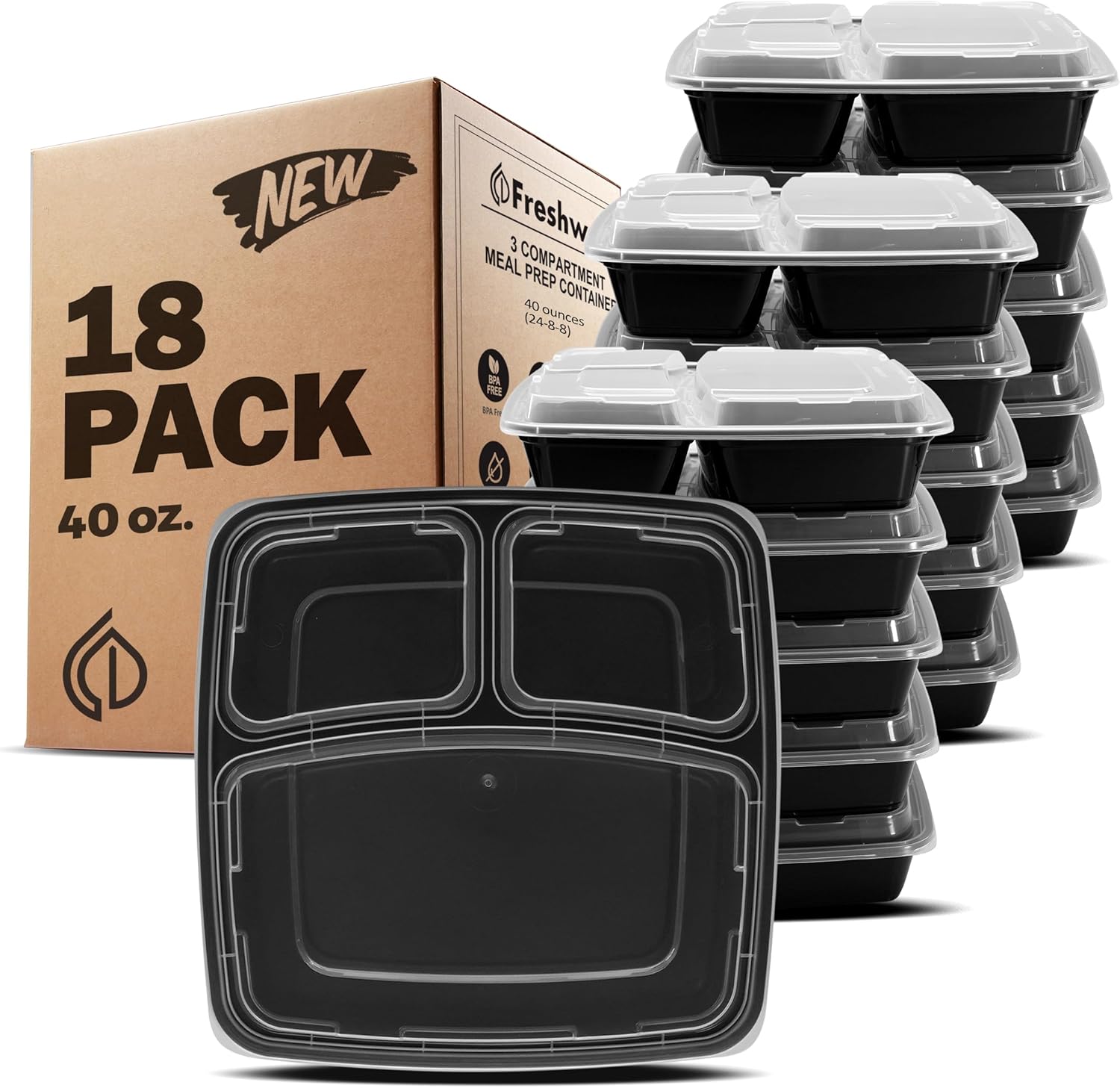 20 Count 3 Compartment BPA Free Food Containers with Lids X97472