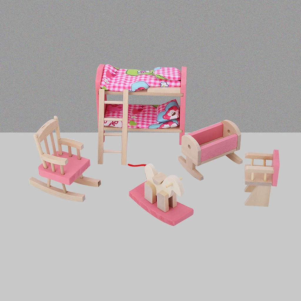6 Different Rooms Wooden Dollhouse Furniture with Cushion and Towel F8091