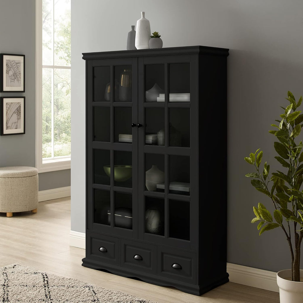 Black Storage Cabinet with Tempered Glass Doors and Adjustable Shelf K701
