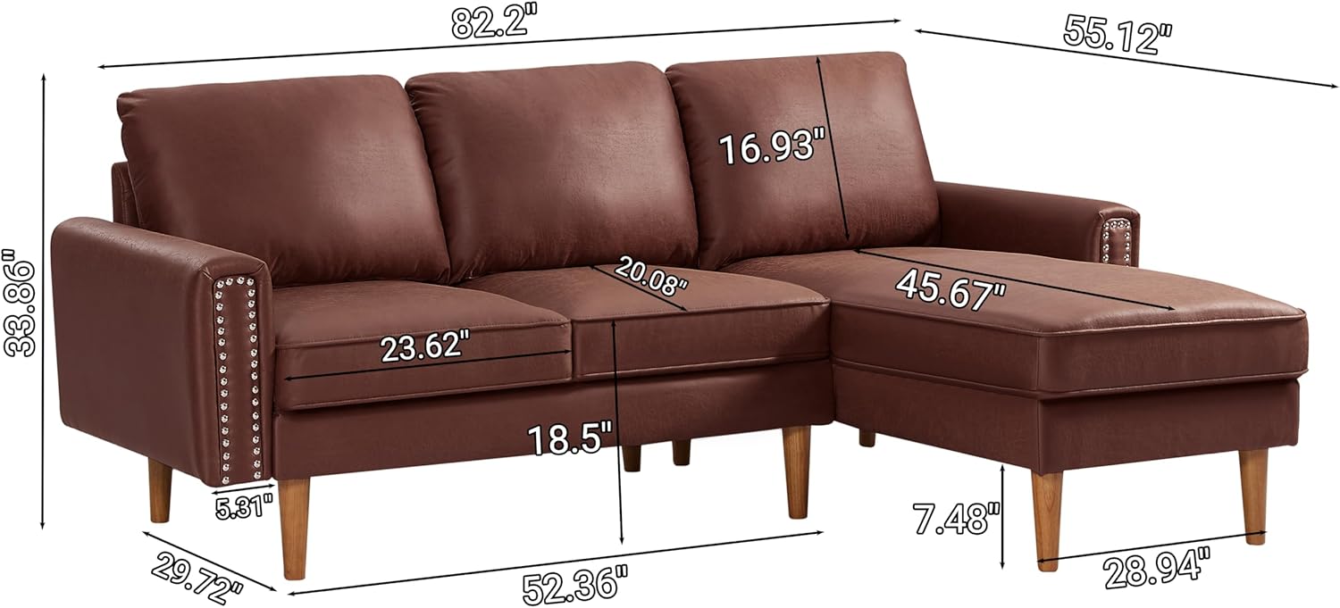 Mid Century Suede Leather Sofa with Right Chaise Lounge, 3 Seater L-Shaped Couch M2783