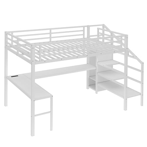 Queen Size Metal Loft Bed with LED Lights & USB Ports, White N999042