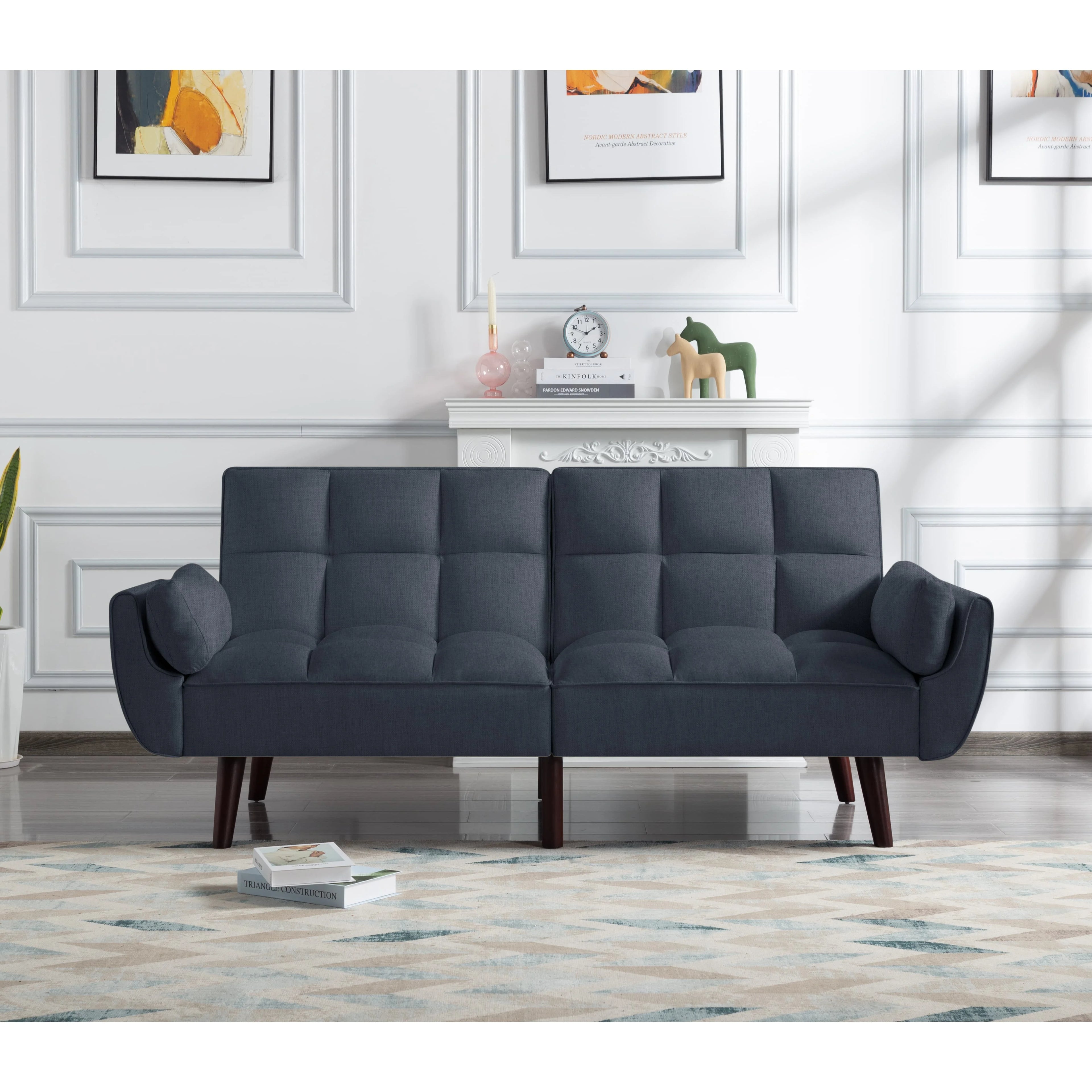 76" Futon Sofa Bed, Upholstered with Polyester, Wood Frame, Dark Gray C633521