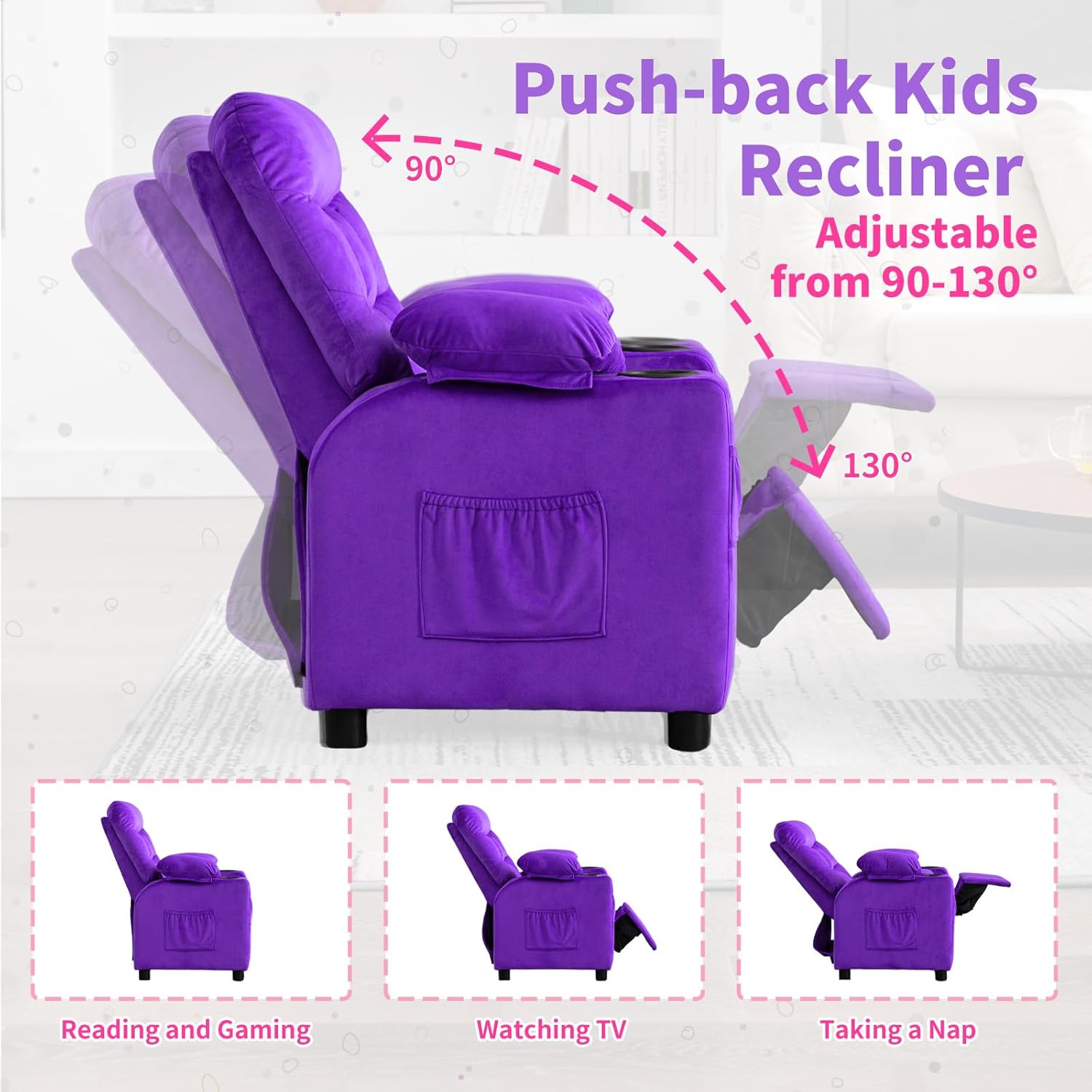 Purple Velvet Toddlers Kids Recliner Chair with Cup Holder V6260