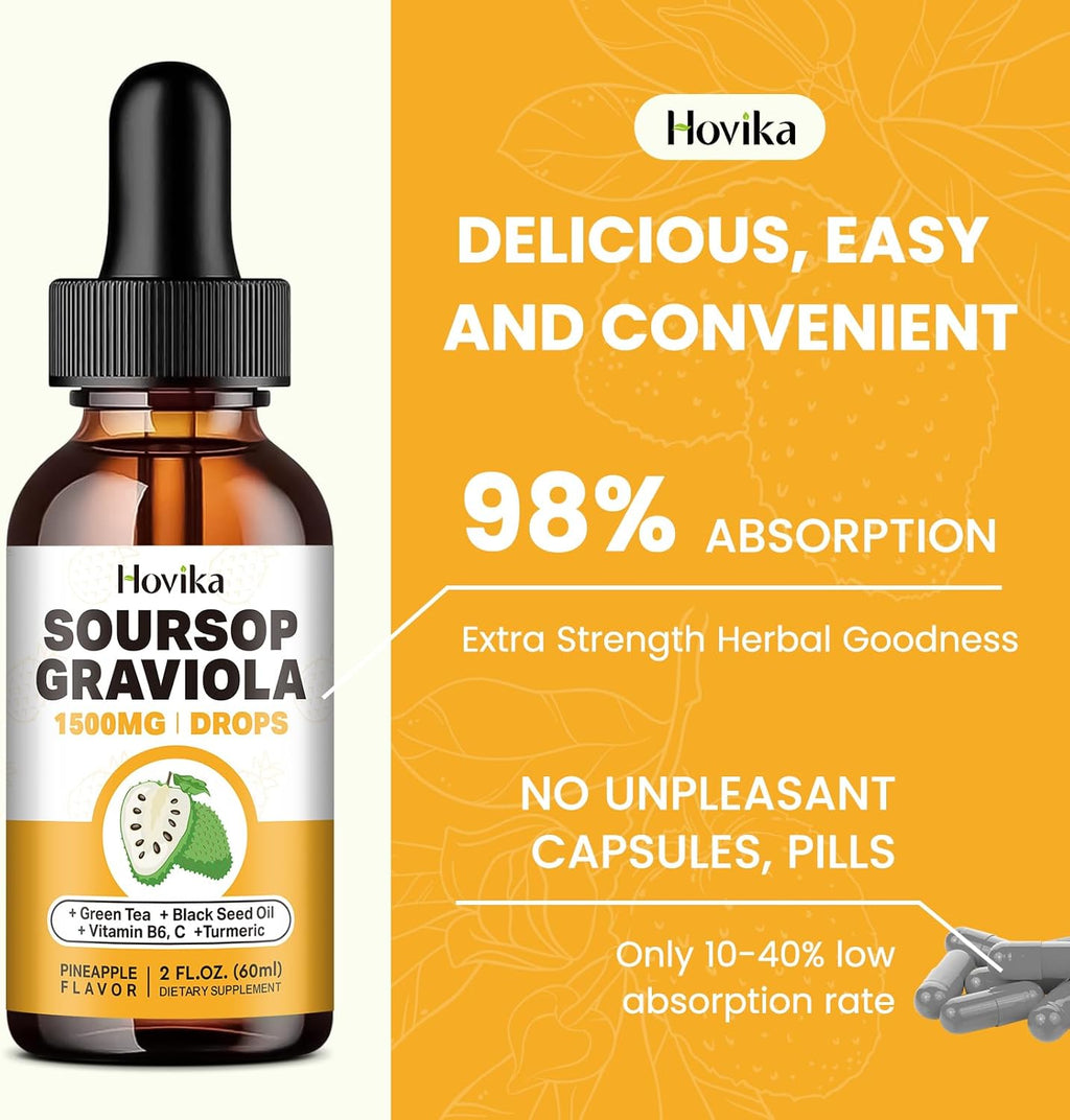 Soursop Graviola Liquid Drops 1500mg with Green Tea, Black Seed Oil, Turmeric 2 Fl Oz C835719