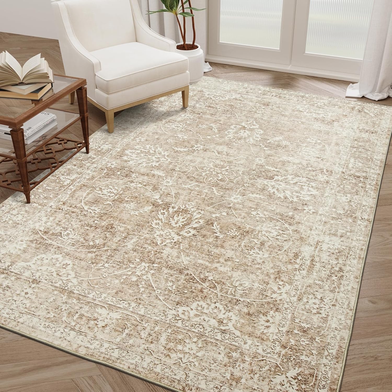 Beige/Brown 5x7 Non Slip Washable Area Rug H8951
