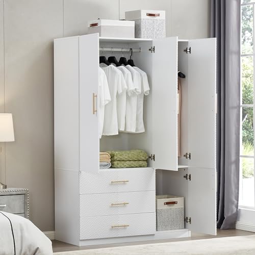 White 4 Doors 3 Drawers Wooden Closet Cabinet Wardrobe Armoire B133