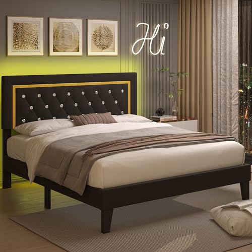 Black Upholstered Platform Bed Frame with LED Light T688