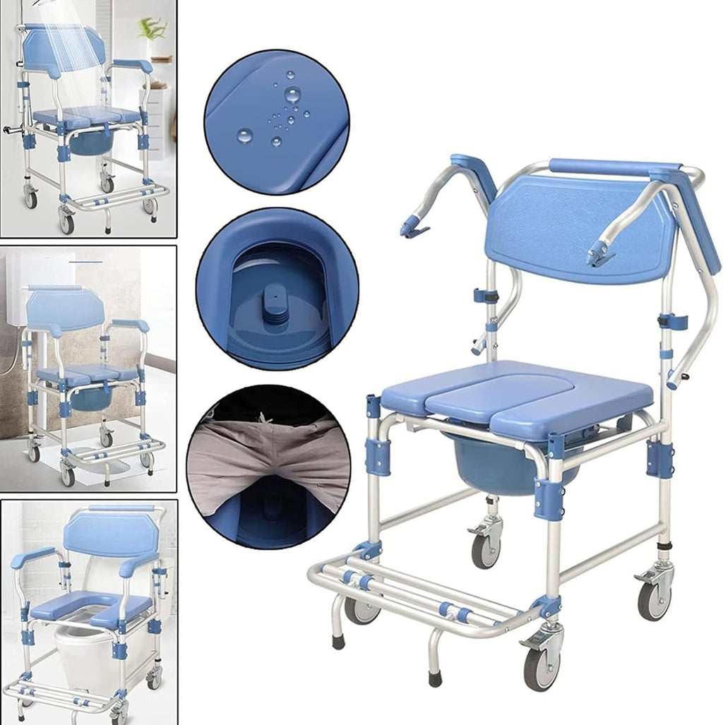 Portable Toilet Chair with Wheels Padded Seat Movable Armrest Folding Pedal Y30371