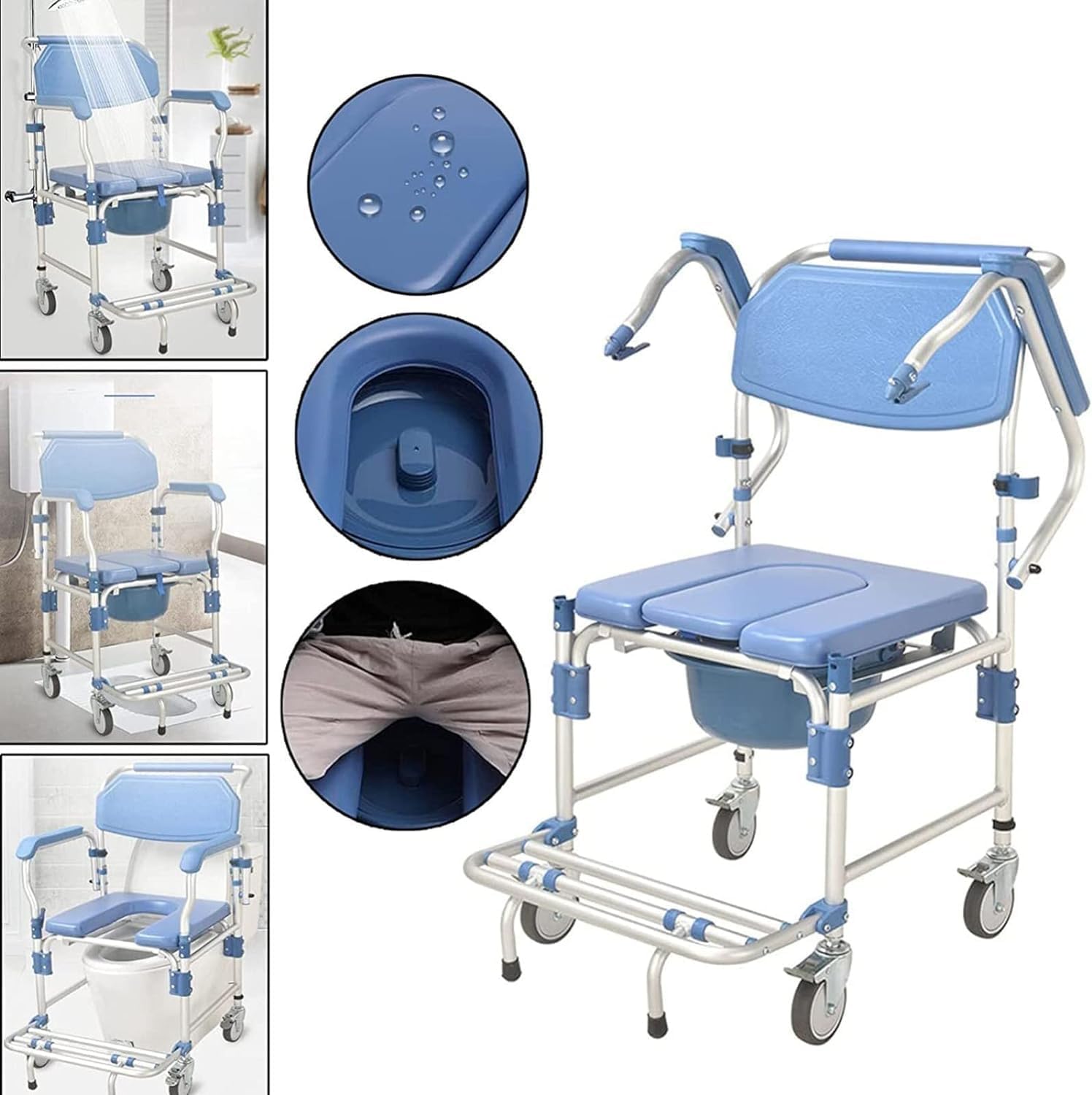 Portable Toilet Chair with Wheels Padded Seat Movable Armrest Folding Pedal Y30371