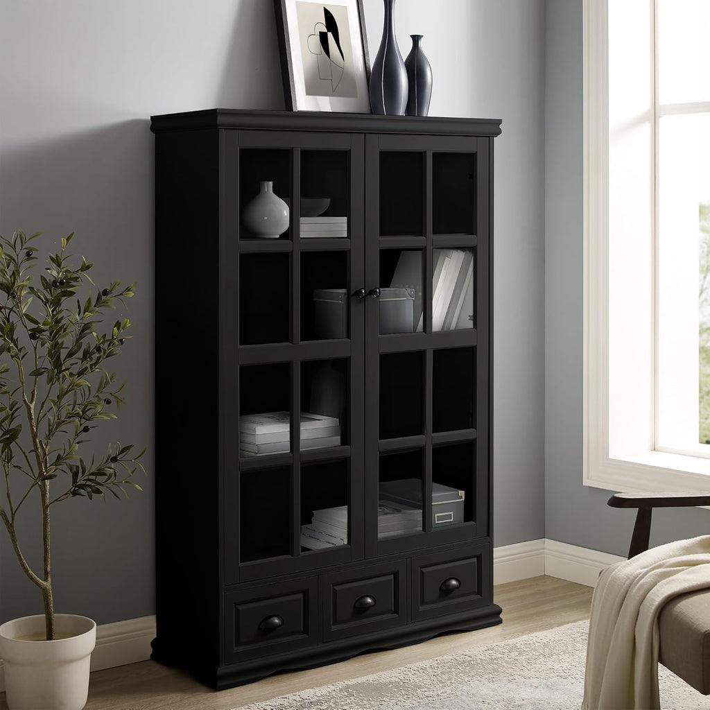 Black Storage Cabinet with Tempered Glass Doors and Adjustable Shelf K701