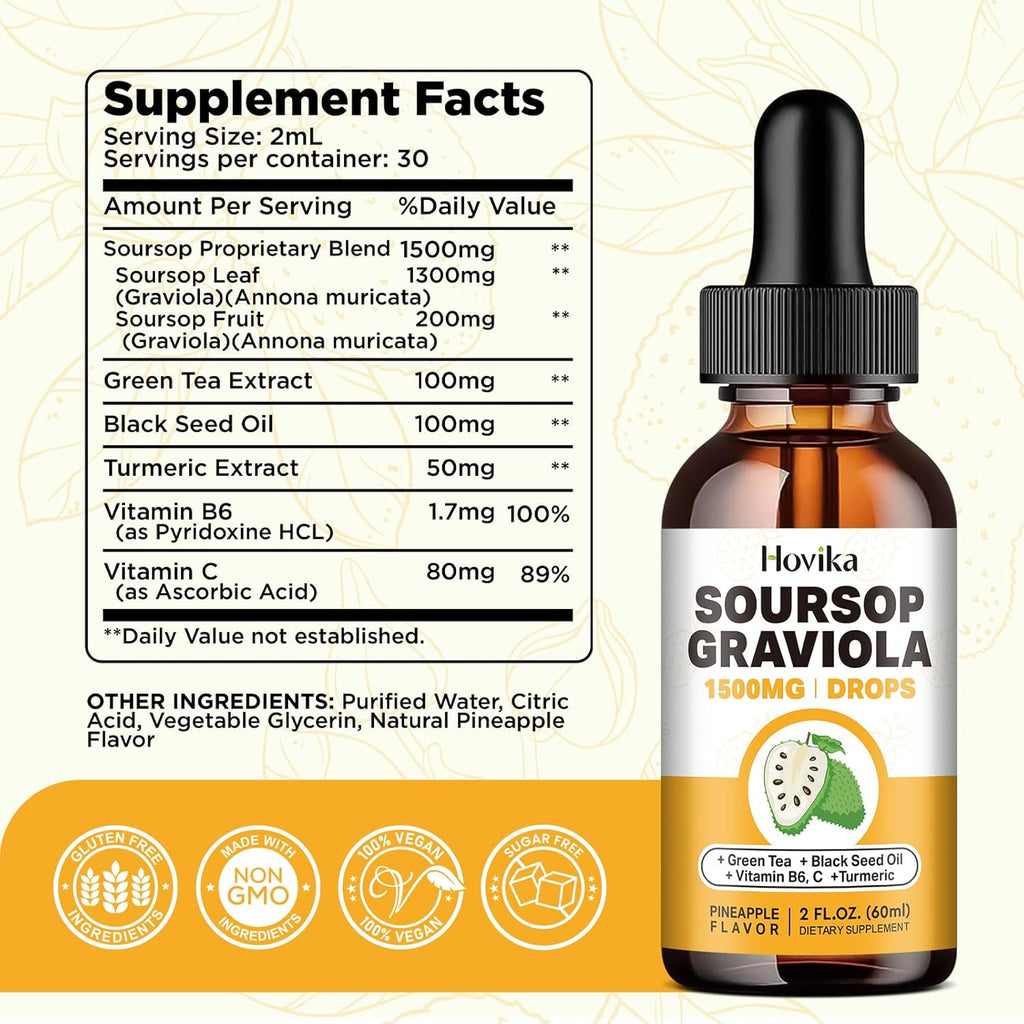 Soursop Graviola Liquid Drops 1500mg with Green Tea, Black Seed Oil, Turmeric 2 Fl Oz C835719