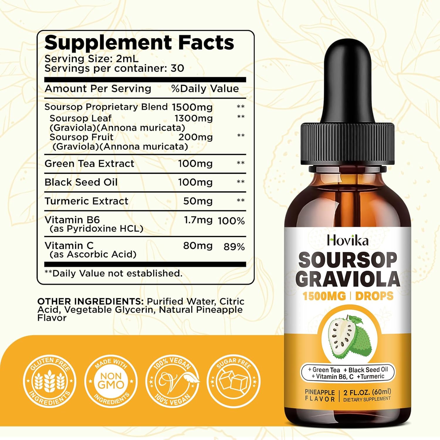 Soursop Graviola Liquid Drops 1500mg with Green Tea, Black Seed Oil, Turmeric 2 Fl Oz C835719