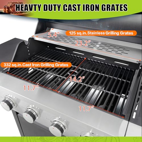 4 Burner Gas Grill with Side Burner, Stainless Steel Propane BBQ Grill with Built in Thermometer E2360