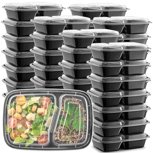 50-Pack 32 oz 2 Compartment Reusable BPA Free Plastic Food Storage Containers with Lids R92384