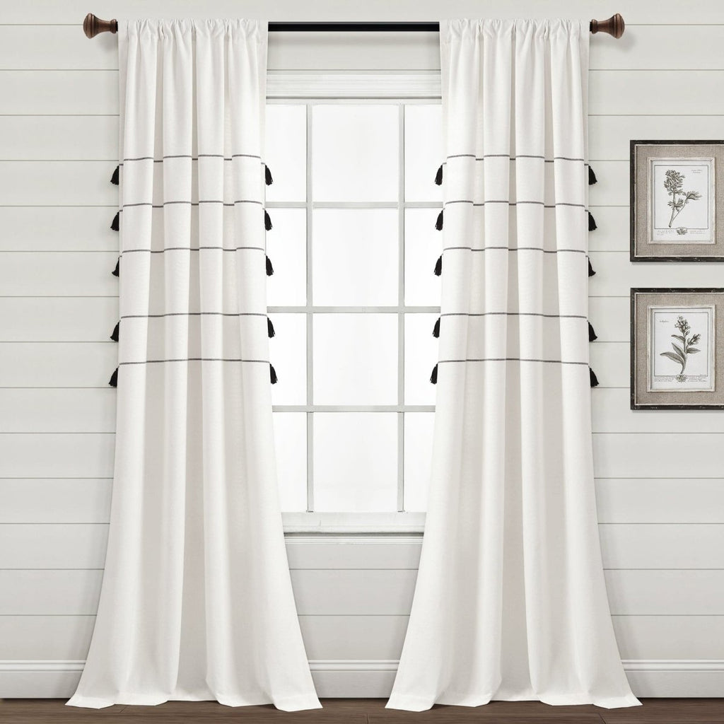 Farmhouse Boho Stripe Woven Tassel Yarn Dyed Recycled Cotton Blend Window Curtain Panel Set