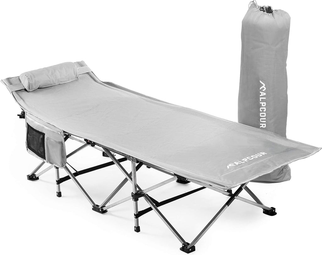 Extra Large Camping Cot Heavy Duty Compact XL Bed with Pillow Portable Folding Steel Frame Polyester 75x28” Weight Capacity 500 Lbs O343670