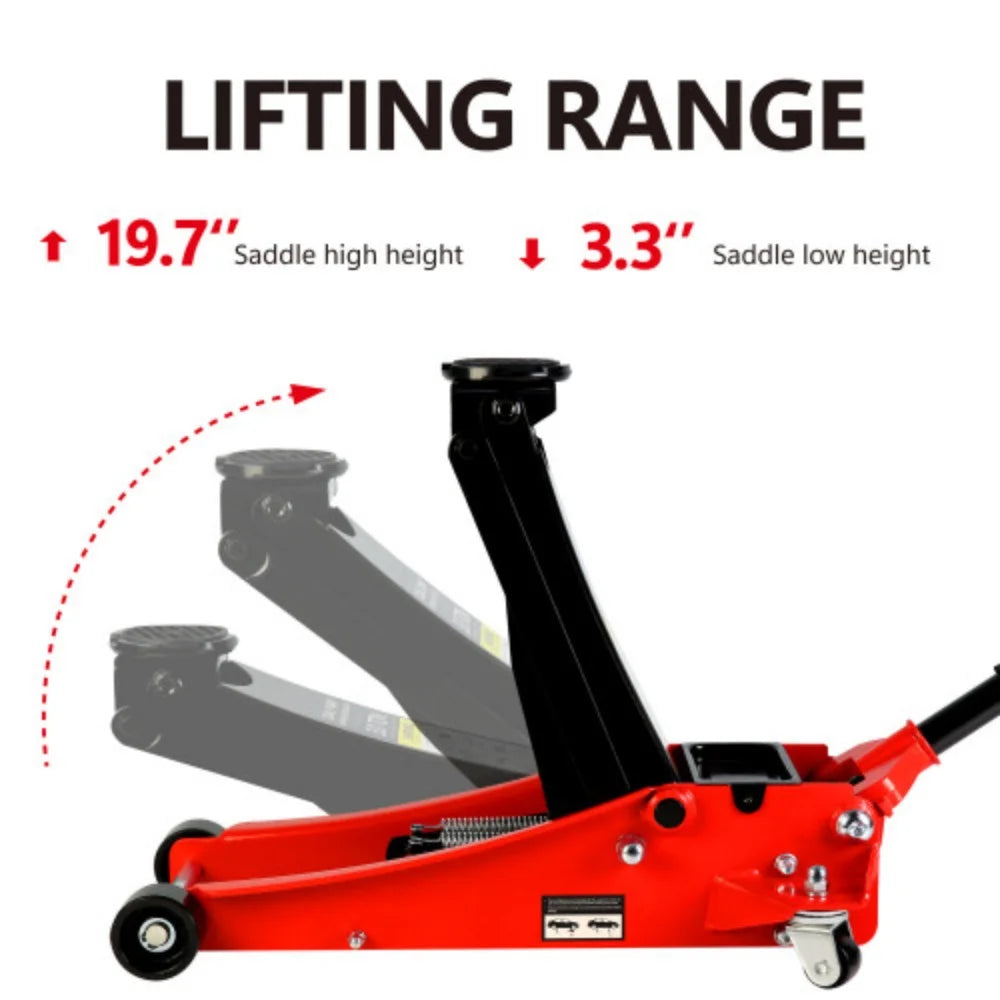 3T Low Profile Red Black Steel Floor Jack with Dual Pistons Quick Lift Pump U146
