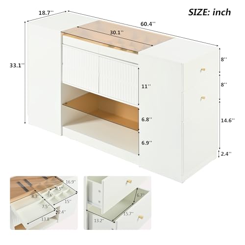 White Glass Top 6 Drawer Wooden Closet Storage Cabinet X713