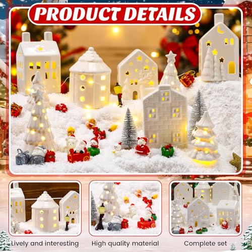 30 Pcs White Ceramic Christmas Village Set with LED Lighted Houses N1355