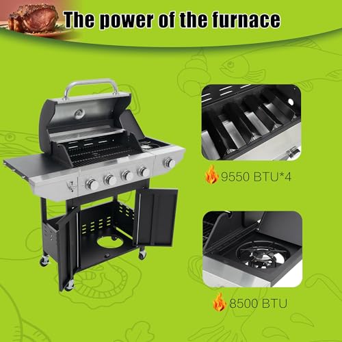 4 Burner Gas Grill with Side Burner, Stainless Steel Propane BBQ Grill with Built in Thermometer E2360