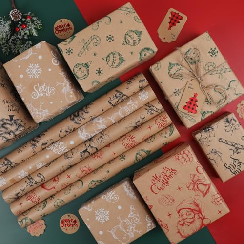 5 Rolls 17" x 120" Vintage Kraft Christmas Wrapping Paper Set B322