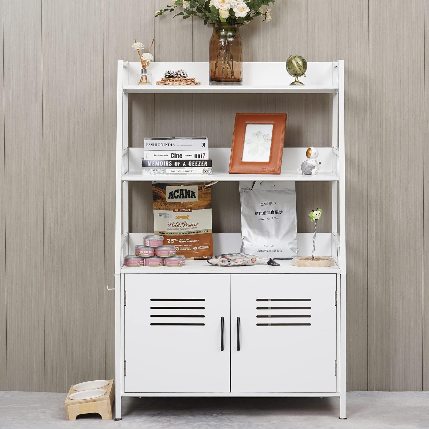 White Wooden Cat Litter Box Enclosure with 2 Doors B37425