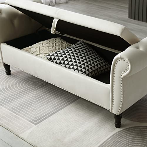 Grey Button Tufted Velvet Upholstered Storage Bench Ottoman with Pillow R441408