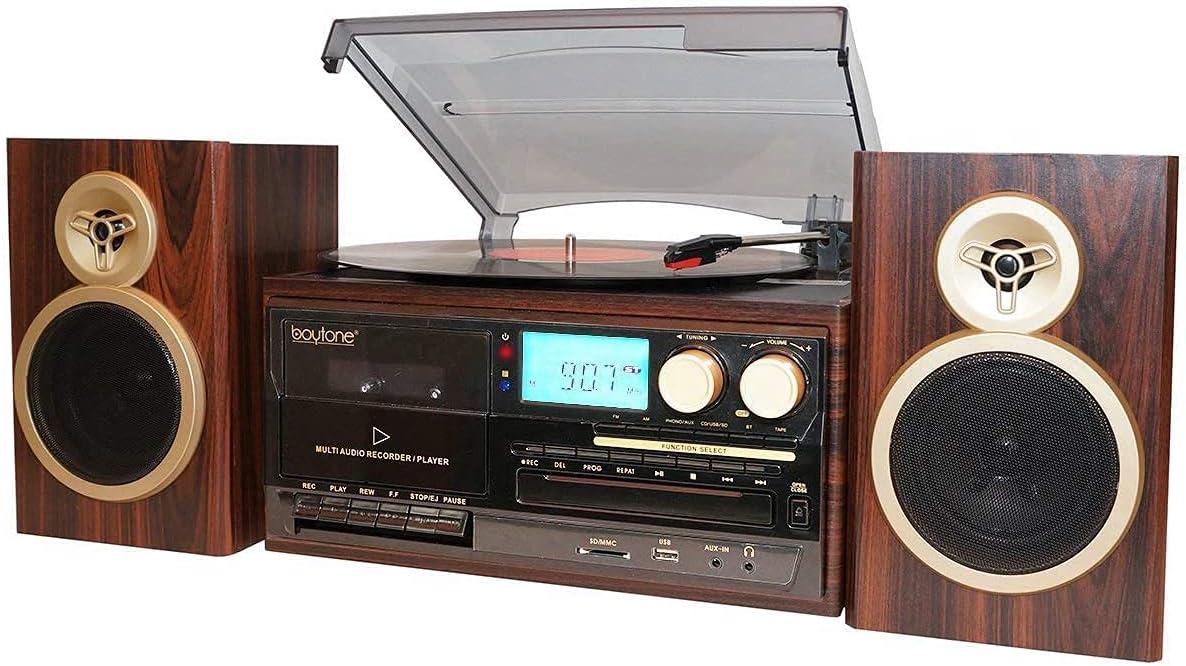 Bluetooth Record Player Turntable with AM/FM Radio, CD / Cassette Player, 2 Separate Stereo Speakers Y65822