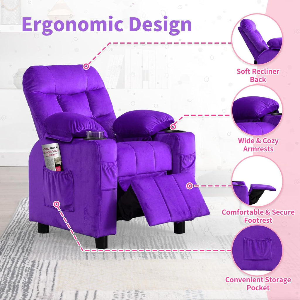 Purple Velvet Toddlers Kids Recliner Chair with Cup Holder V6260