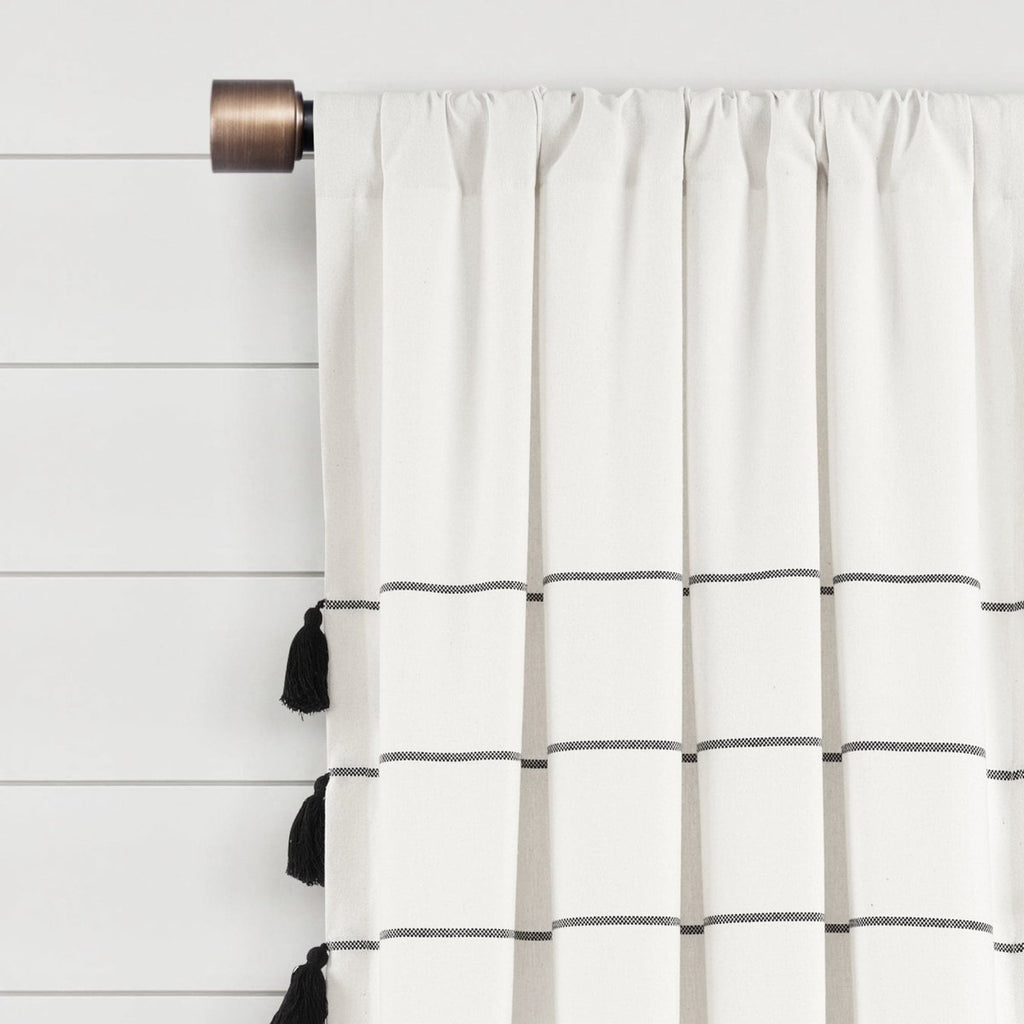 Farmhouse Boho Stripe Woven Tassel Yarn Dyed Recycled Cotton Blend Window Curtain Panel Set