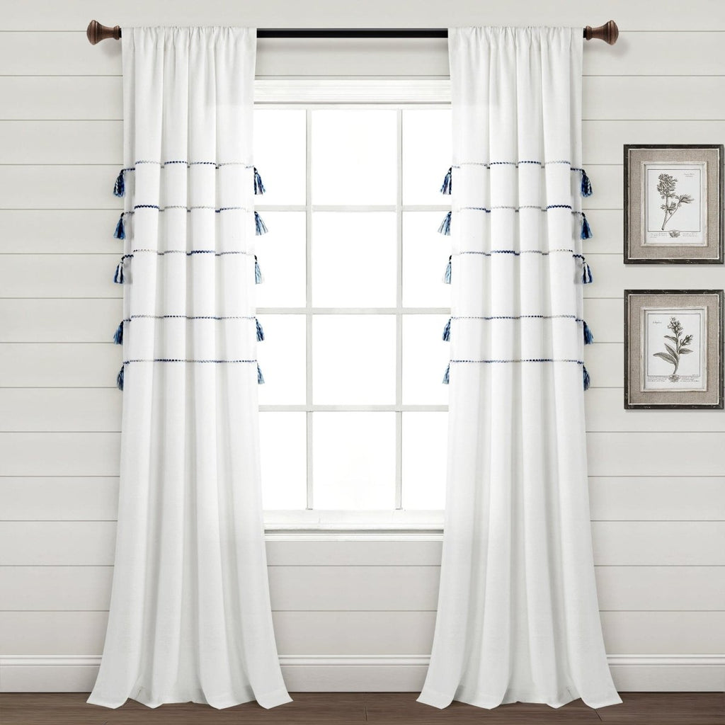 Farmhouse Boho Stripe Woven Tassel Yarn Dyed Recycled Cotton Blend Window Curtain Panel Set