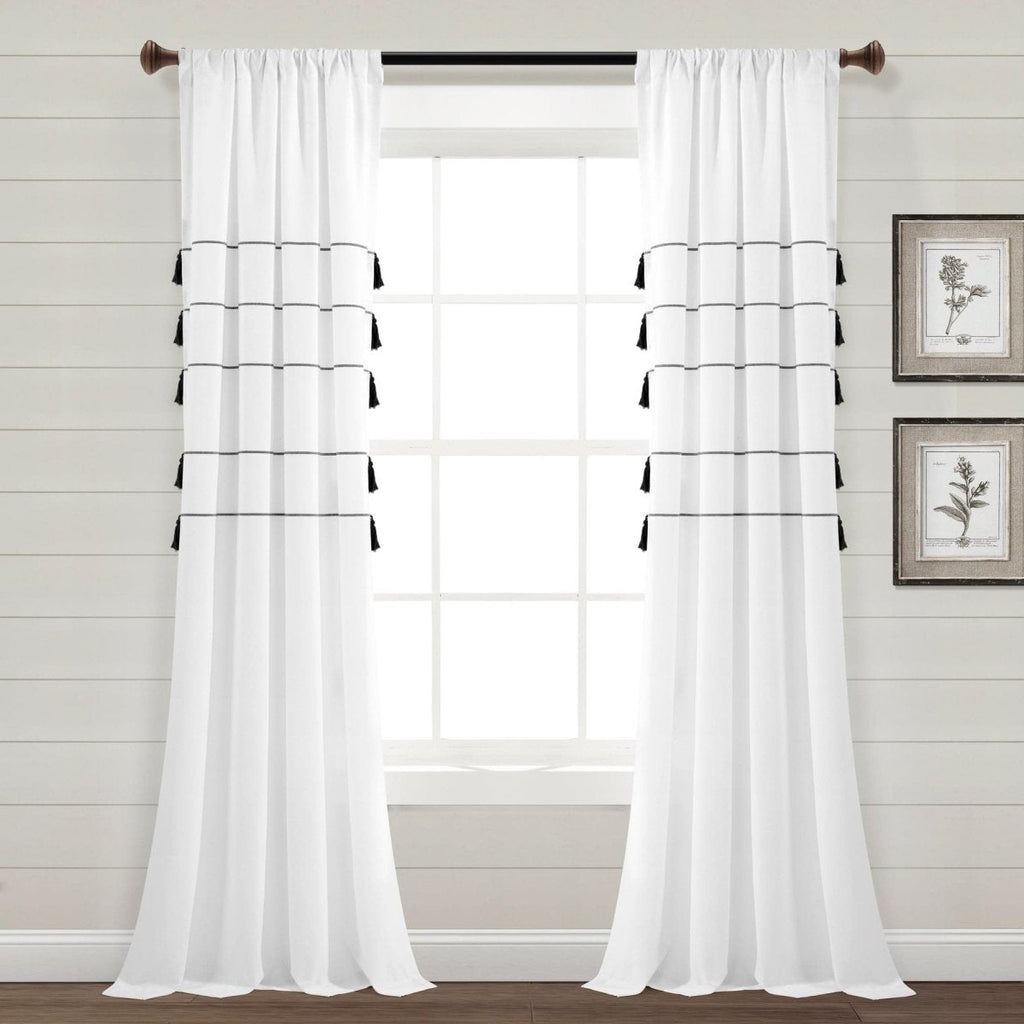 Farmhouse Boho Stripe Woven Tassel Yarn Dyed Recycled Cotton Blend Window Curtain Panel Set