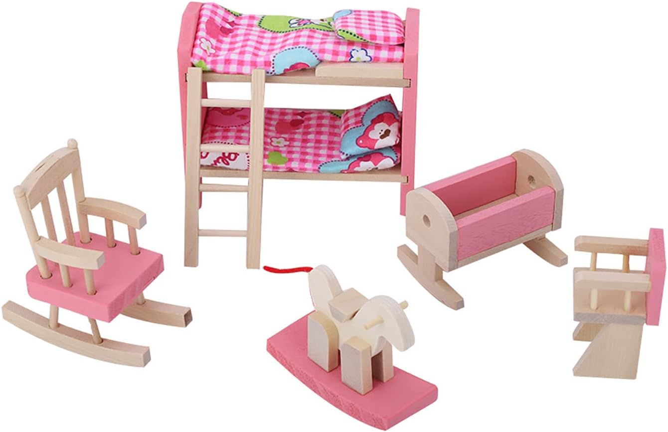 6 Different Rooms Wooden Dollhouse Furniture with Cushion and Towel F8091