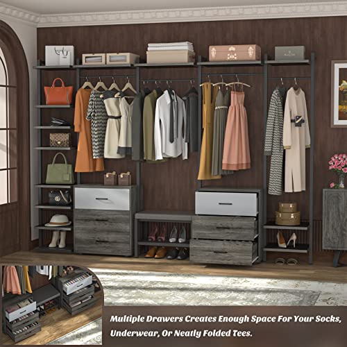 Grey Oak+Black Heavy Duty Wall Mounted Clothes Rack with 6-Drawers S688