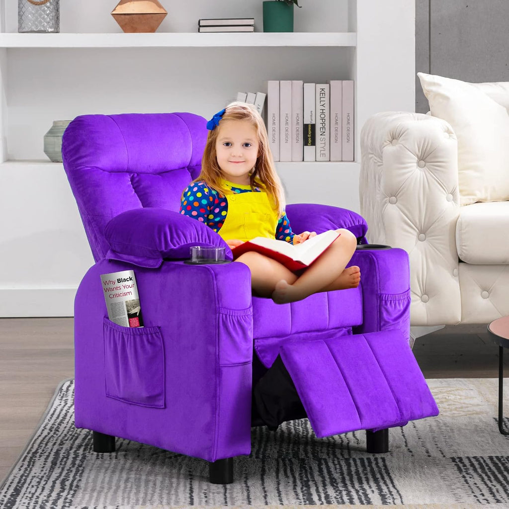 Purple Velvet Toddlers Kids Recliner Chair with Cup Holder V6260