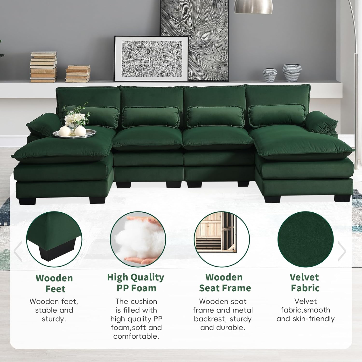 Green Upholstered Sectional Sofa with Chaise Lounge T953464