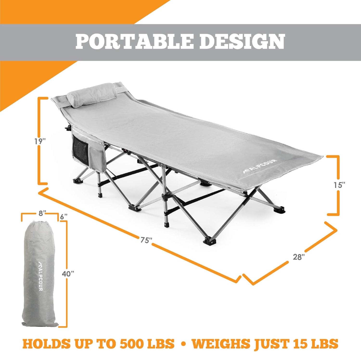 Extra Large Camping Cot Heavy Duty Compact XL Bed with Pillow Portable Folding Steel Frame Polyester 75x28” Weight Capacity 500 Lbs O343670