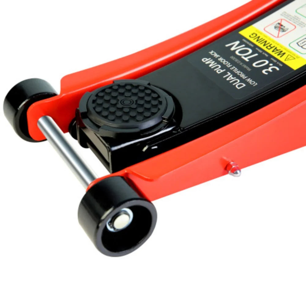 3T Low Profile Red Black Steel Floor Jack with Dual Pistons Quick Lift Pump U146