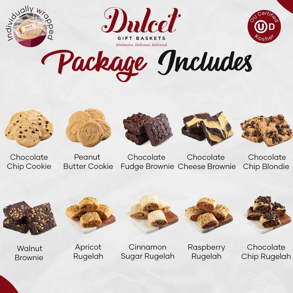 Assorted Chocolate Chip Cookies, Peanut Butter Cookies, Chocolate Fudge, Chocolate Cheese, Chocolate Chip Blondie, Walnut Brownies, and Assorted Rugelach X162