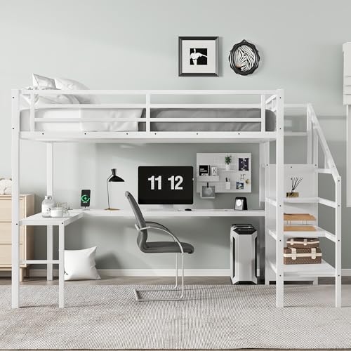 Queen Size Metal Loft Bed with LED Lights & USB Ports, White N999042